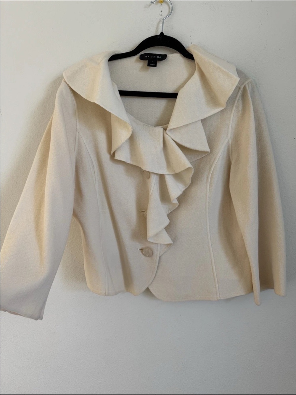 St. John Black Label Butter Yellow Ruffled Draped Collar Summer Jacket Size 12